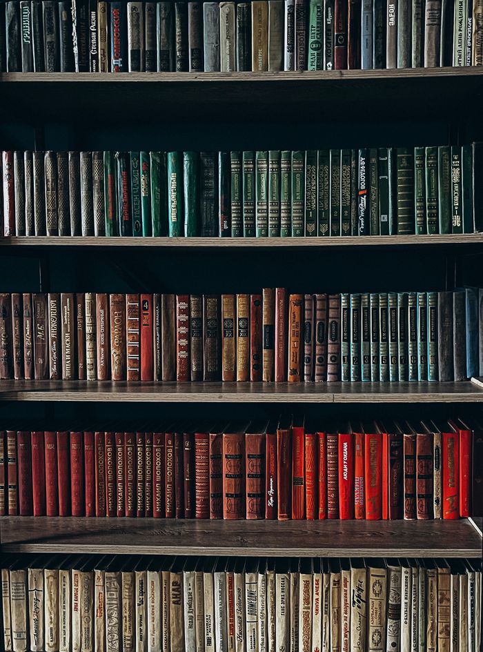 journey A vintage collection of diverse books neatly arranged on a wooden bookshelf.
